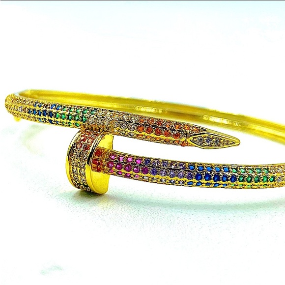 Gold Nail Multicolor Zircon Bangle Screw Tack Bracelet - Picture 5 of 7